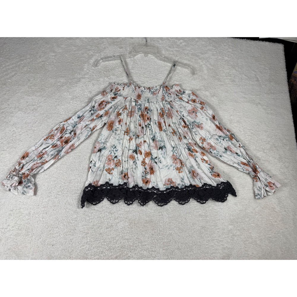 Hint of Mint Floral Cold Shoulder Top Womens L White New Boho Crochet Lace Trim